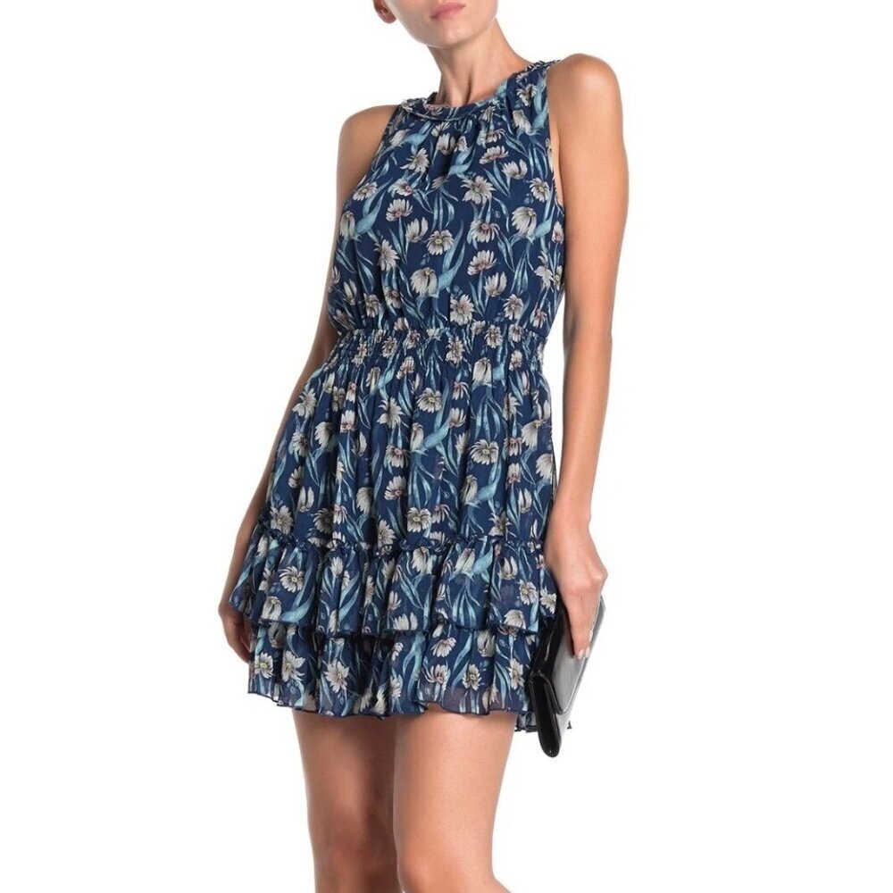 Foxiedox Women's Sleeveless Ruffle Blue‎ Floral Print Dress Size S NWT $135.70